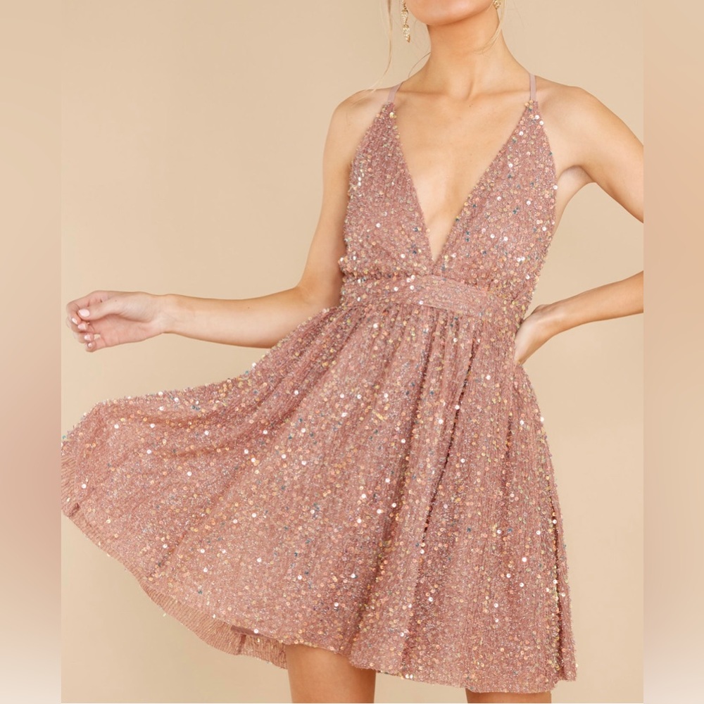 Blush Sequin open back mini dress with adjustable straps.